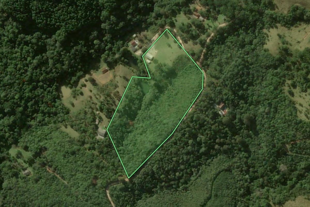 Imagem de satélite do imóvel rural em Bocaiúva do Sul (PR), com o contorno declarado no CAR desenhado por cima.