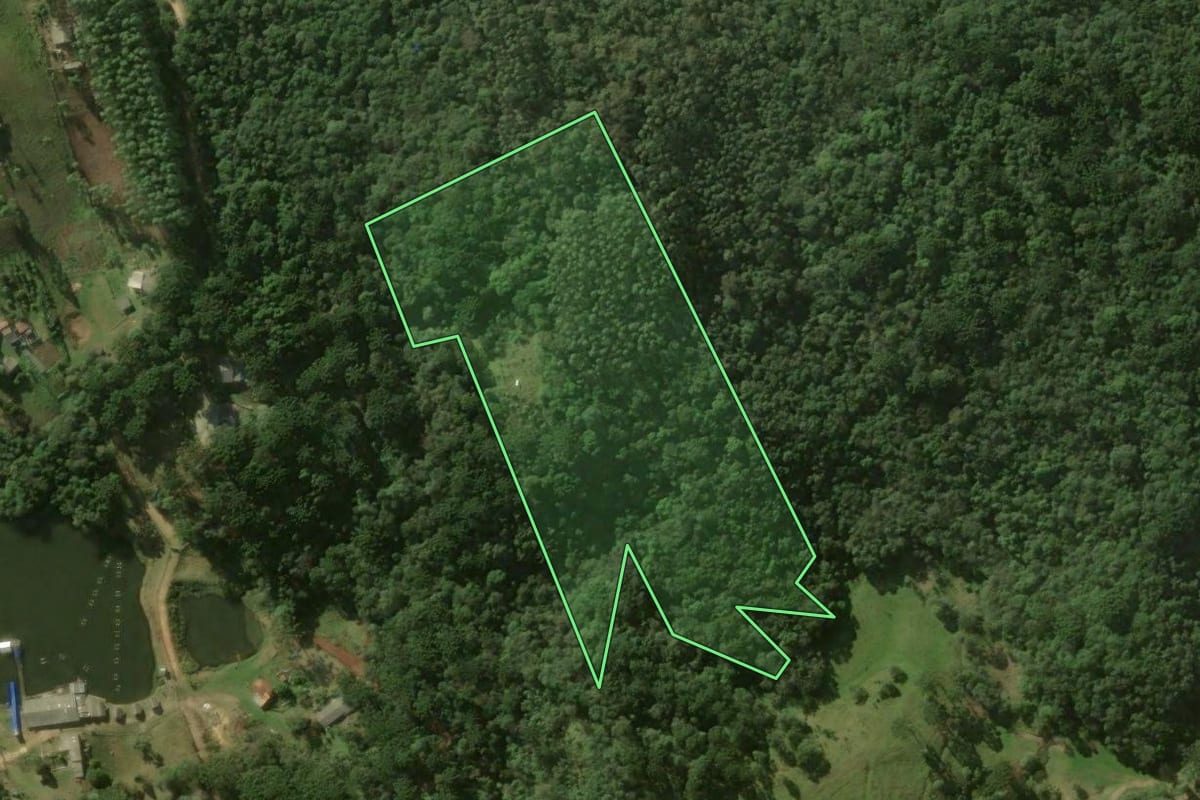 Imagem de satélite do imóvel rural em Bocaiúva do Sul (PR), com o contorno declarado no CAR desenhado por cima.