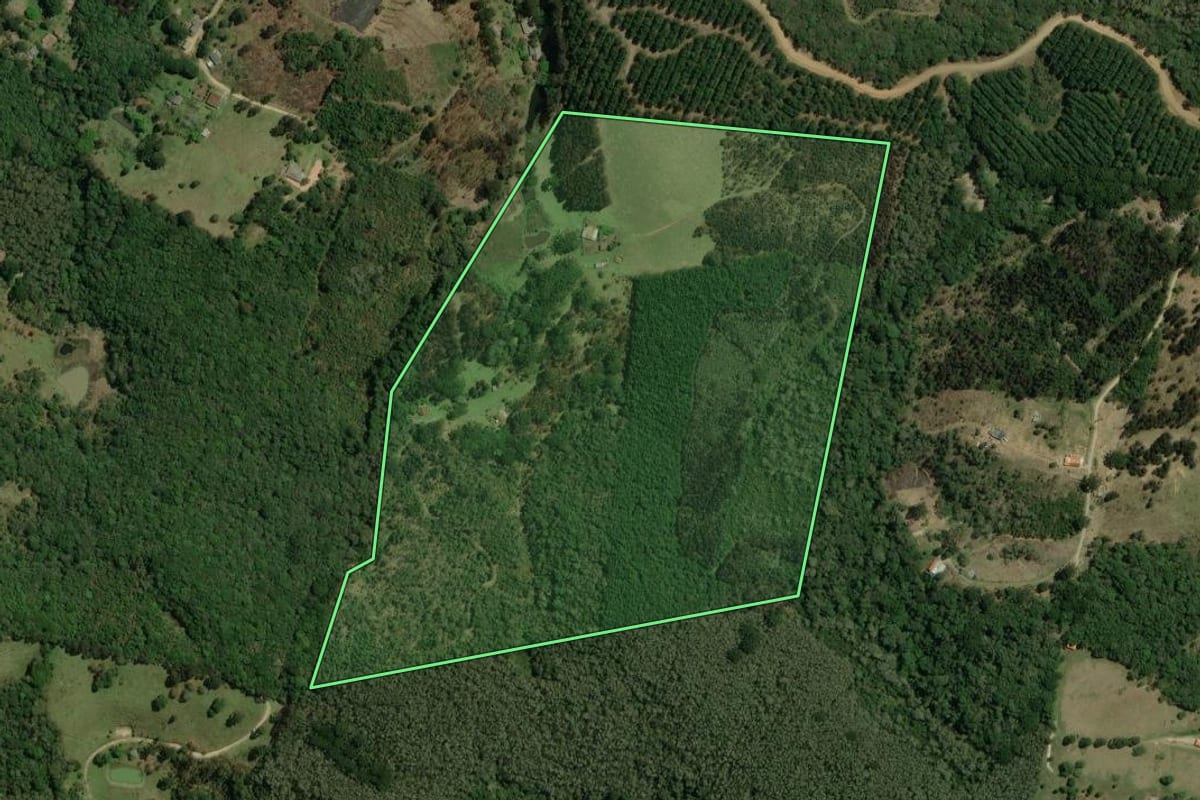 Imagem de satélite do imóvel rural em Bocaiúva do Sul (PR), com o contorno declarado no CAR desenhado por cima.