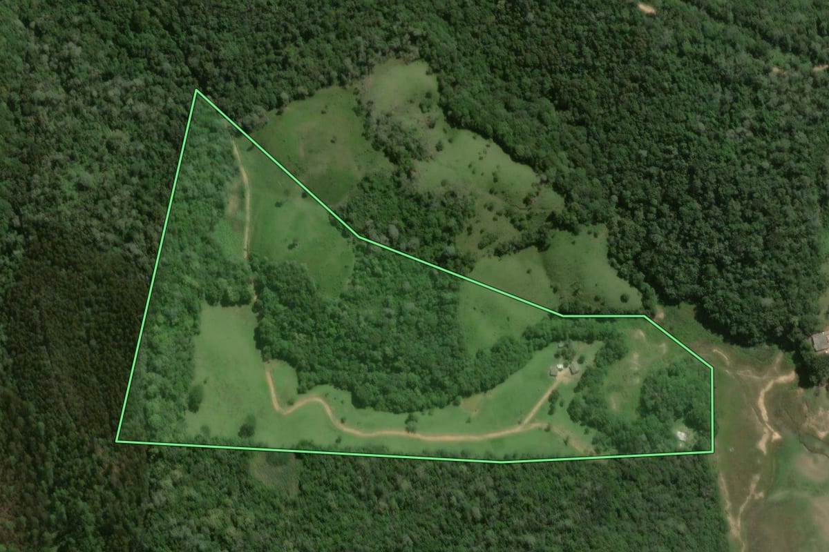 Imagem de satélite do imóvel rural em Bocaiúva do Sul (PR), com o contorno declarado no CAR desenhado por cima.