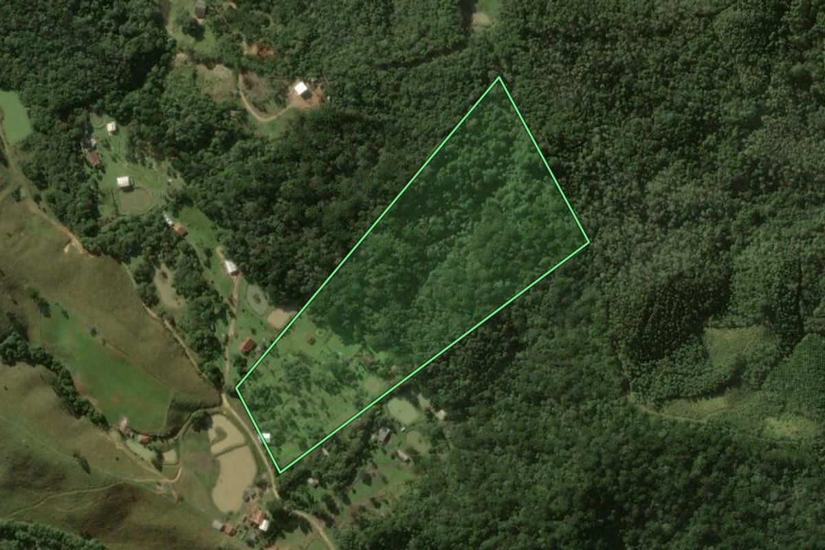 Imagem de satélite do imóvel rural em Bocaiúva do Sul (PR), com o contorno declarado no CAR desenhado por cima.