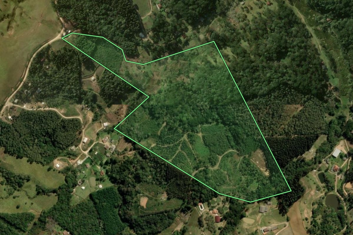 Imagem de satélite do imóvel rural em Bocaiúva do Sul (PR), com o contorno declarado no CAR desenhado por cima.
