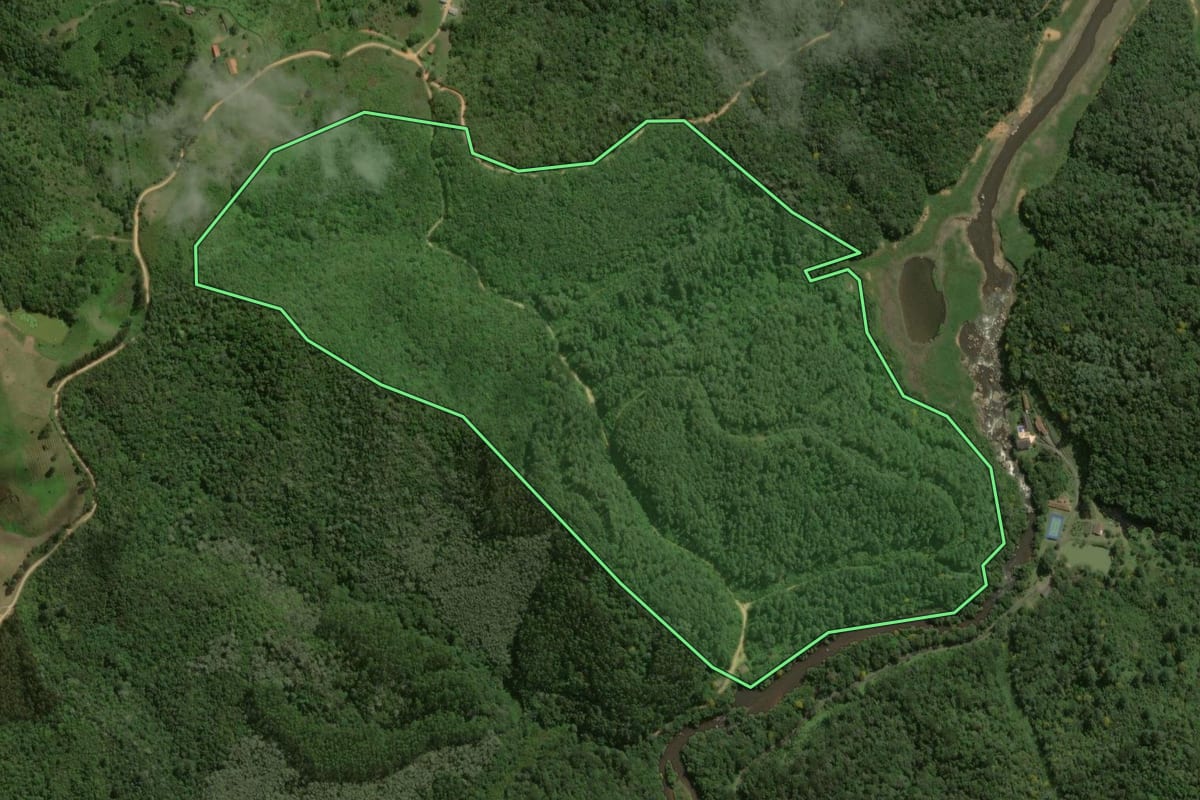 Imagem de satélite do imóvel rural em Bocaiúva do Sul (PR), com o contorno declarado no CAR desenhado por cima.
