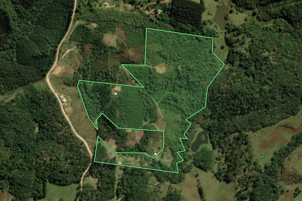Imagem de satélite do imóvel rural em Bocaiúva do Sul (PR), com o contorno declarado no CAR desenhado por cima.