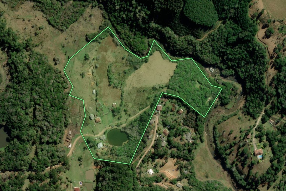 Imagem de satélite do imóvel rural em Bocaiúva do Sul (PR), com o contorno declarado no CAR desenhado por cima.