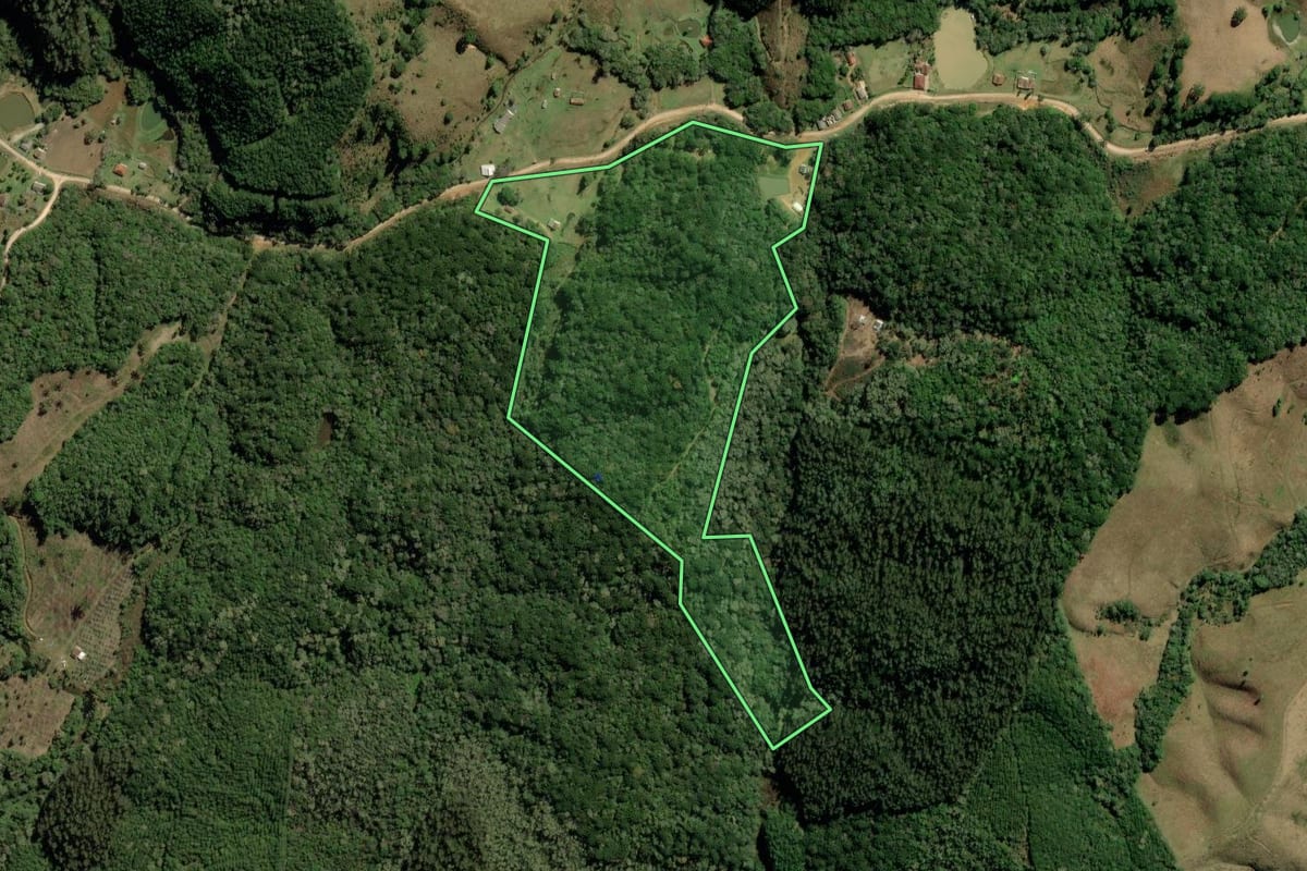 Imagem de satélite do imóvel rural em Bocaiúva do Sul (PR), com o contorno declarado no CAR desenhado por cima.