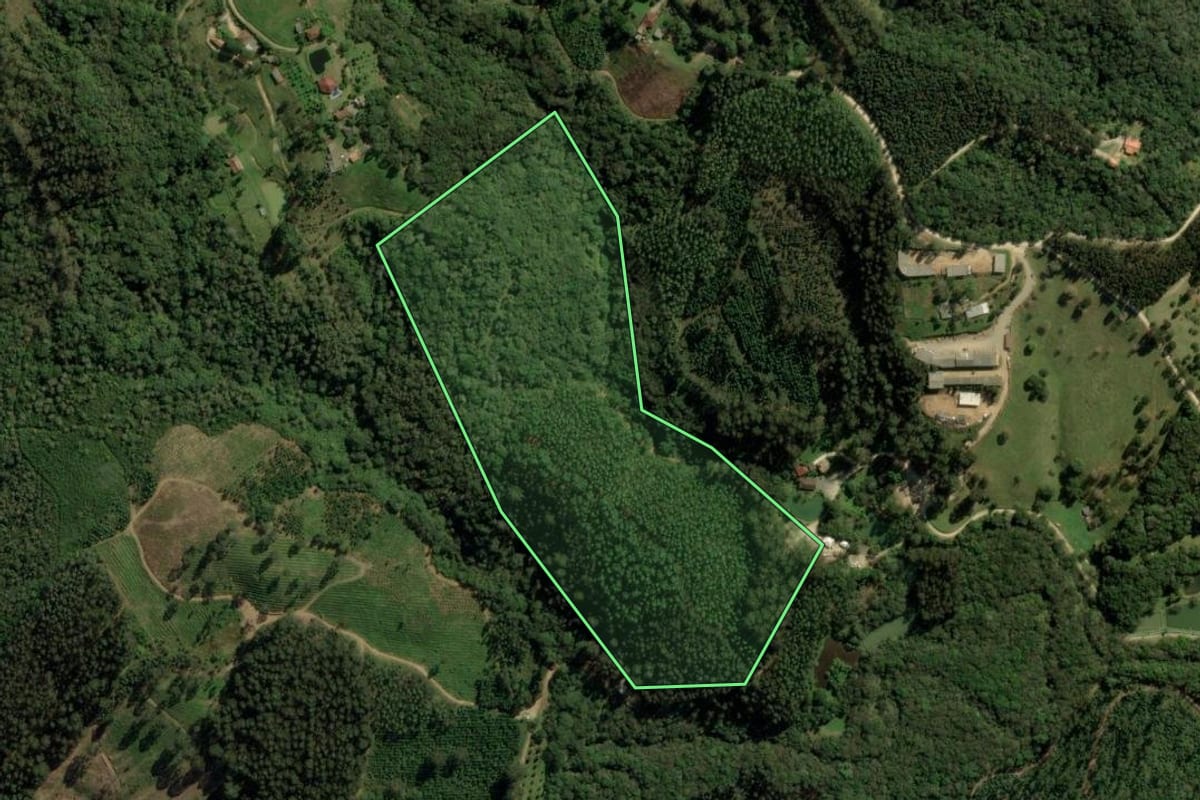 Imagem de satélite do imóvel rural em Bocaiúva do Sul (PR), com o contorno declarado no CAR desenhado por cima.