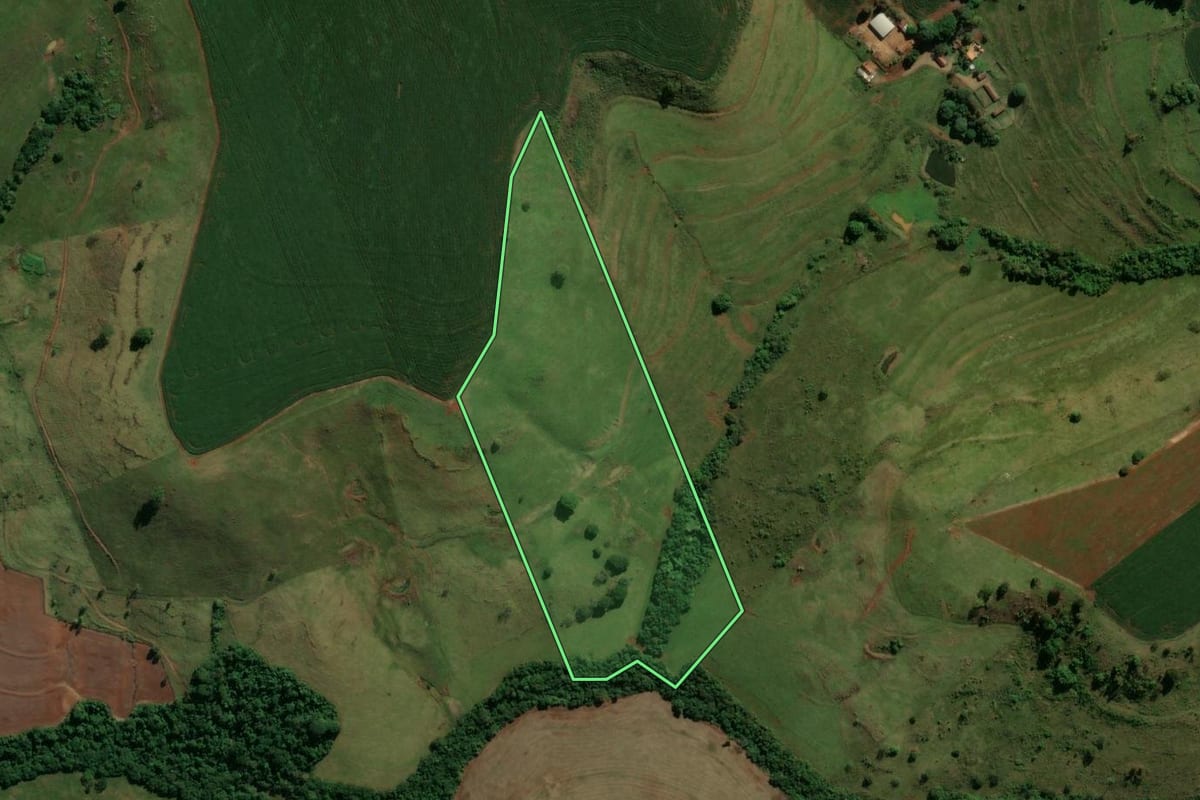 Imagem de satélite do imóvel rural em Bom Sucesso (PR), com o contorno declarado no CAR desenhado por cima.