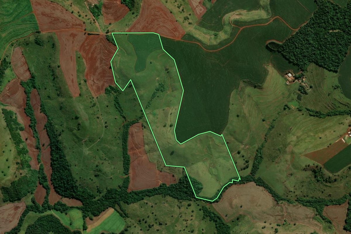 Imagem de satélite do imóvel rural em Bom Sucesso (PR), com o contorno declarado no CAR desenhado por cima.