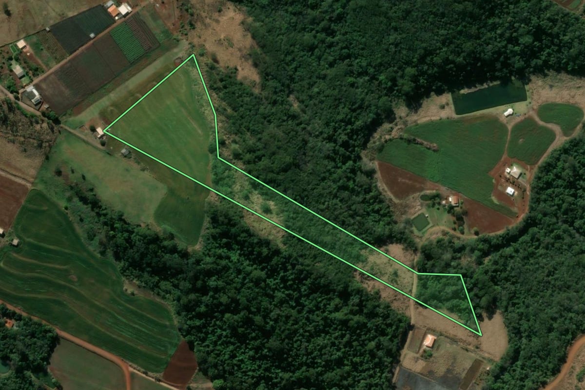 Imagem de satélite do imóvel rural em Bom Sucesso (PR), com o contorno declarado no CAR desenhado por cima.