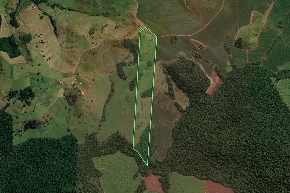 Imagem de satélite do imóvel rural em Bom Sucesso (PR), com o contorno declarado no CAR desenhado por cima.