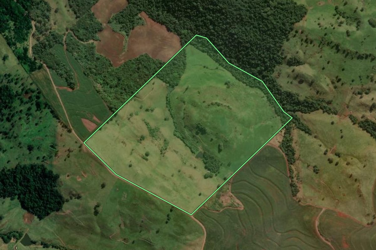 Imagem de satélite do imóvel rural em Bom Sucesso (PR), com o contorno declarado no CAR desenhado por cima.
