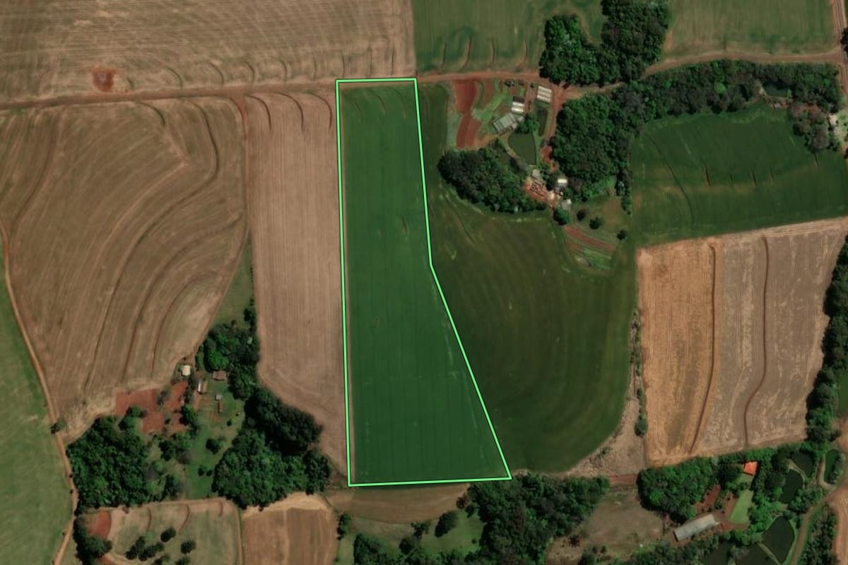 Imagem de satélite do imóvel rural em Bom Sucesso do Sul (PR), com o contorno declarado no CAR desenhado por cima.