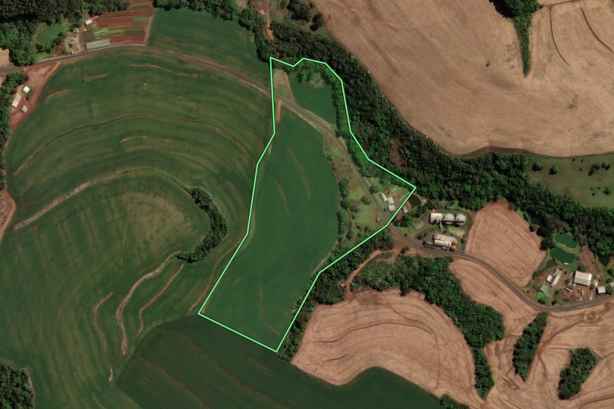 Imagem de satélite do imóvel rural em Bom Sucesso do Sul (PR), com o contorno declarado no CAR desenhado por cima.