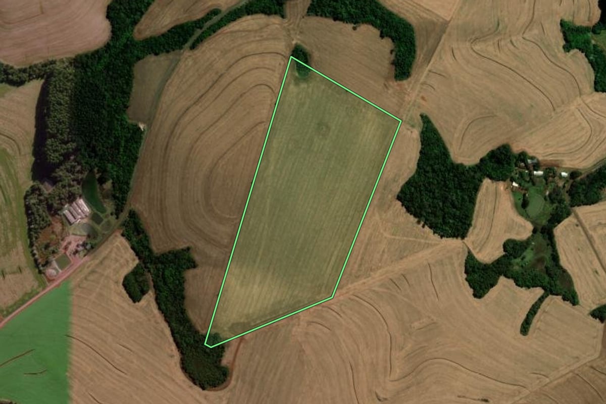 Imagem de satélite do imóvel rural em Bom Sucesso do Sul (PR), com o contorno declarado no CAR desenhado por cima.