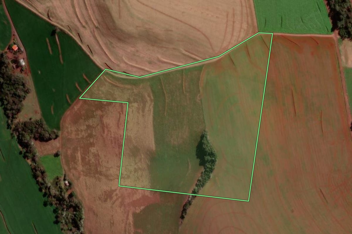 Imagem de satélite do imóvel rural em Bom Sucesso do Sul (PR), com o contorno declarado no CAR desenhado por cima.