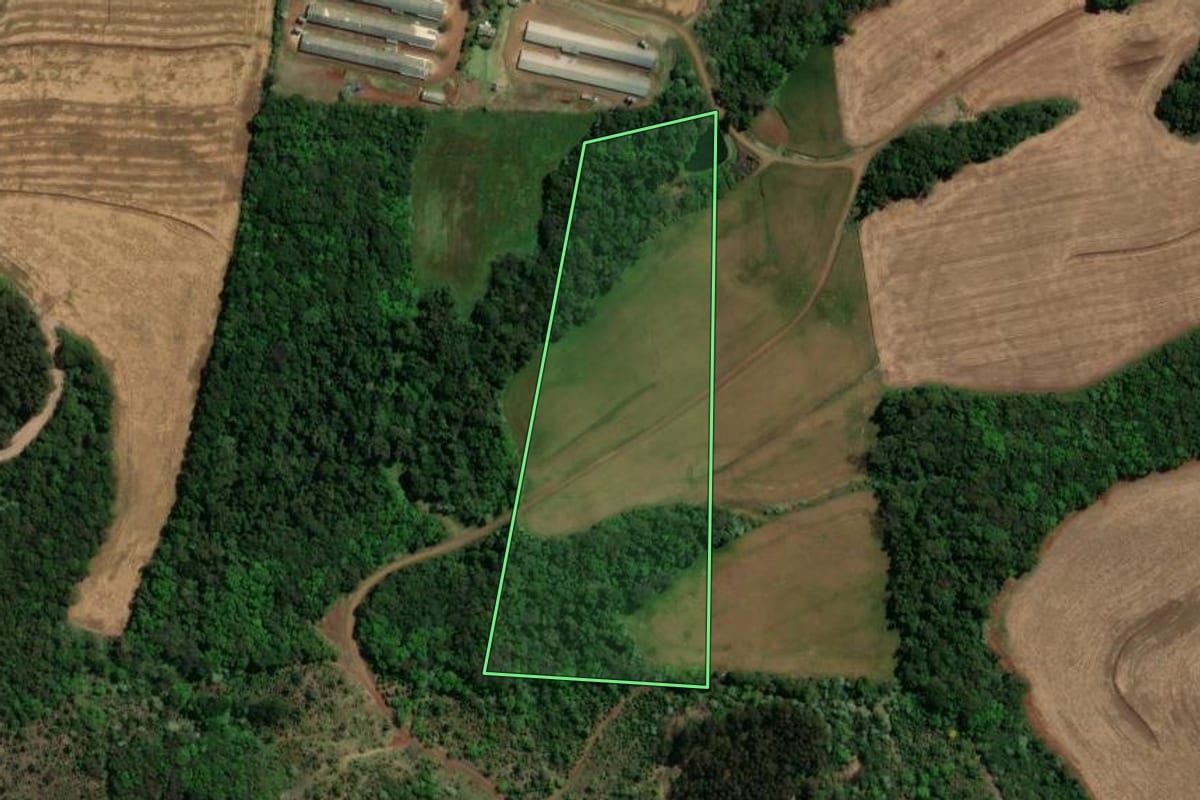 Imagem de satélite do imóvel rural em Bom Sucesso do Sul (PR), com o contorno declarado no CAR desenhado por cima.