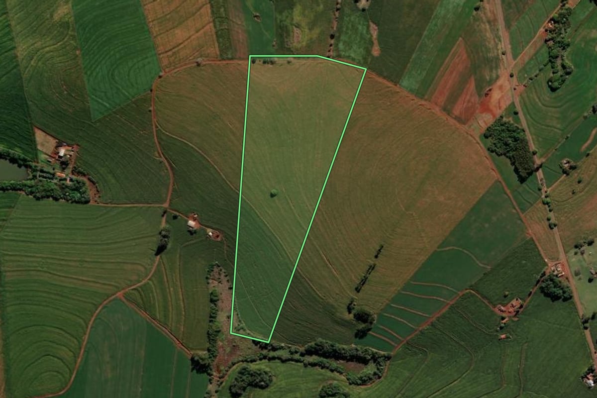 Imagem de satélite do imóvel rural em Borrazópolis (PR), com o contorno declarado no CAR desenhado por cima.