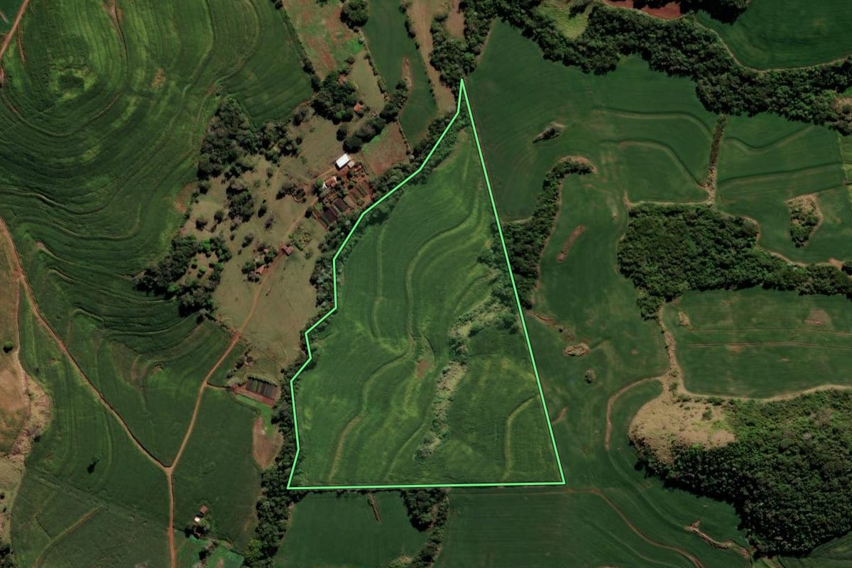 Imagem de satélite do imóvel rural em Borrazópolis (PR), com o contorno declarado no CAR desenhado por cima.