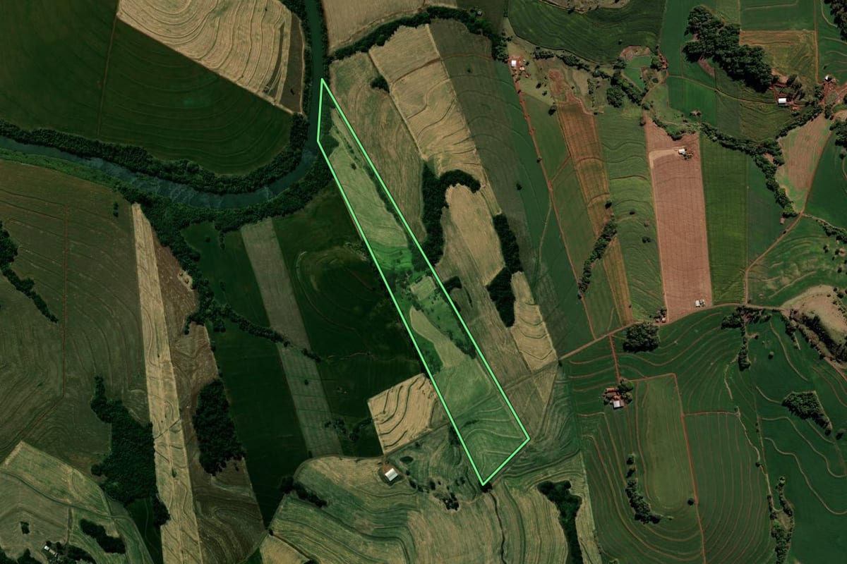 Imagem de satélite do imóvel rural em Borrazópolis (PR), com o contorno declarado no CAR desenhado por cima.