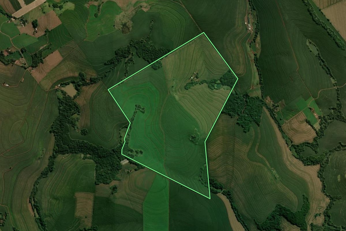 Imagem de satélite do imóvel rural em Borrazópolis (PR), com o contorno declarado no CAR desenhado por cima.
