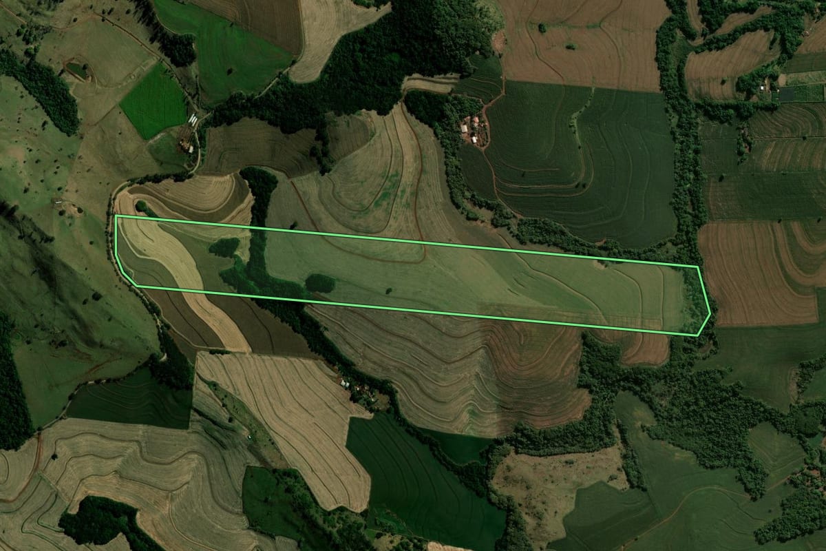 Imagem de satélite do imóvel rural em Borrazópolis (PR), com o contorno declarado no CAR desenhado por cima.