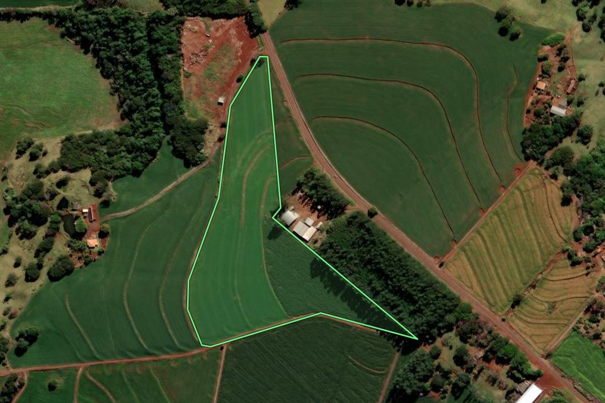 Imagem de satélite do imóvel rural em Borrazópolis (PR), com o contorno declarado no CAR desenhado por cima.