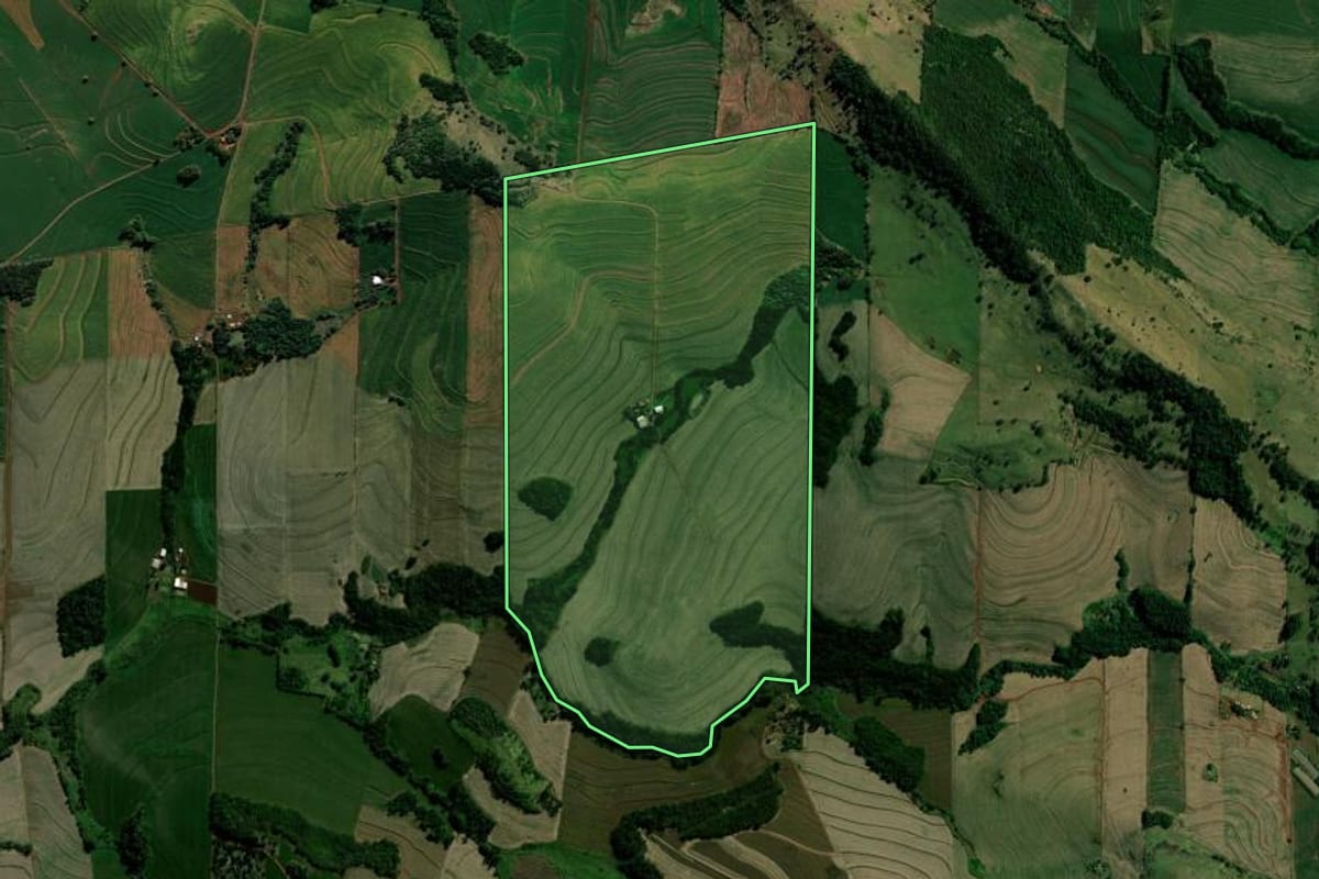Imagem de satélite do imóvel rural em Borrazópolis (PR), com o contorno declarado no CAR desenhado por cima.