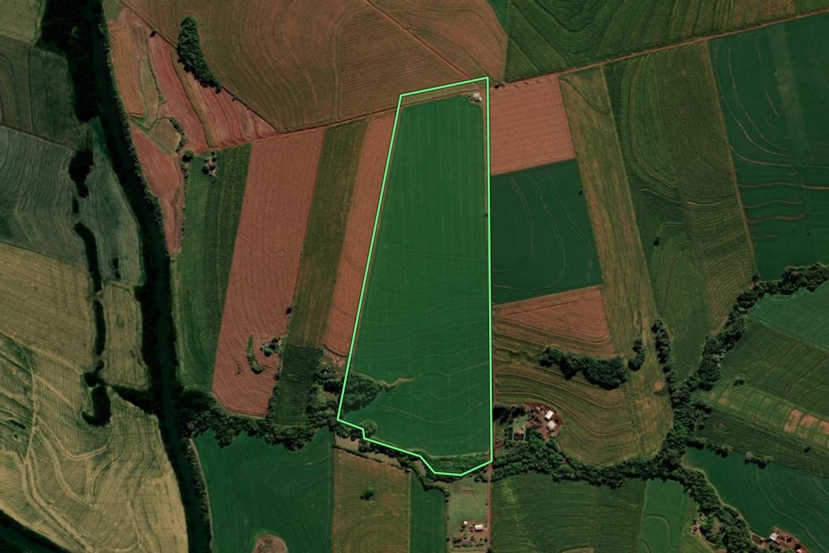 Imagem de satélite do imóvel rural em Borrazópolis (PR), com o contorno declarado no CAR desenhado por cima.