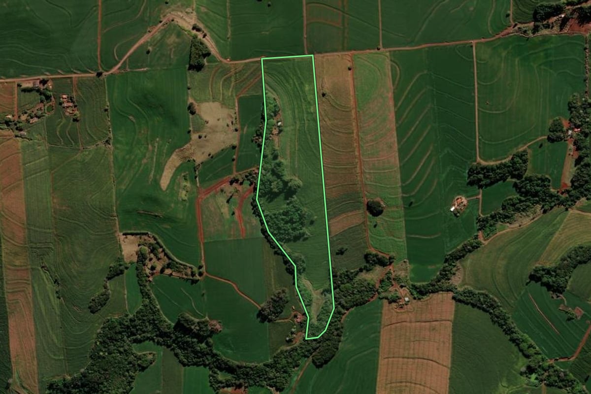 Imagem de satélite do imóvel rural em Borrazópolis (PR), com o contorno declarado no CAR desenhado por cima.