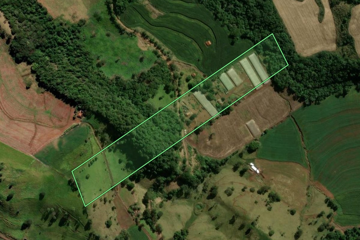 Imagem de satélite do imóvel rural em Borrazópolis (PR), com o contorno declarado no CAR desenhado por cima.