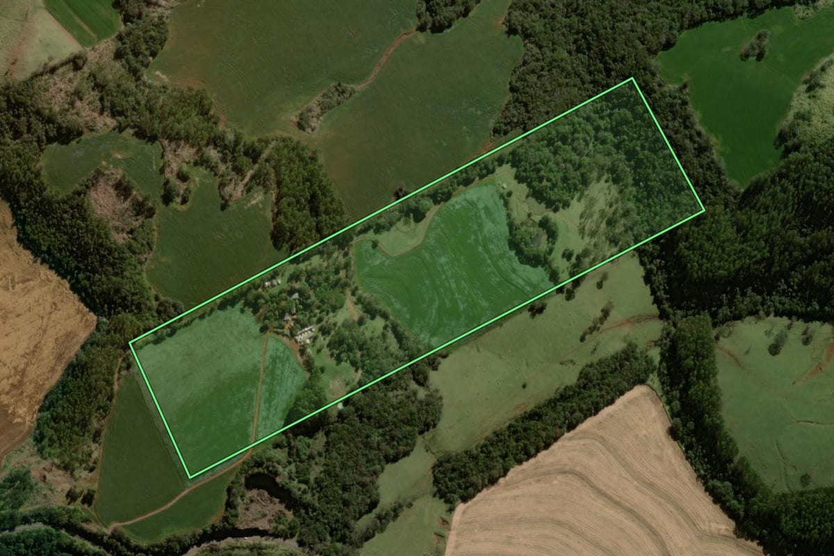 Imagem de satélite do imóvel rural em Braganey (PR), com o contorno declarado no CAR desenhado por cima.
