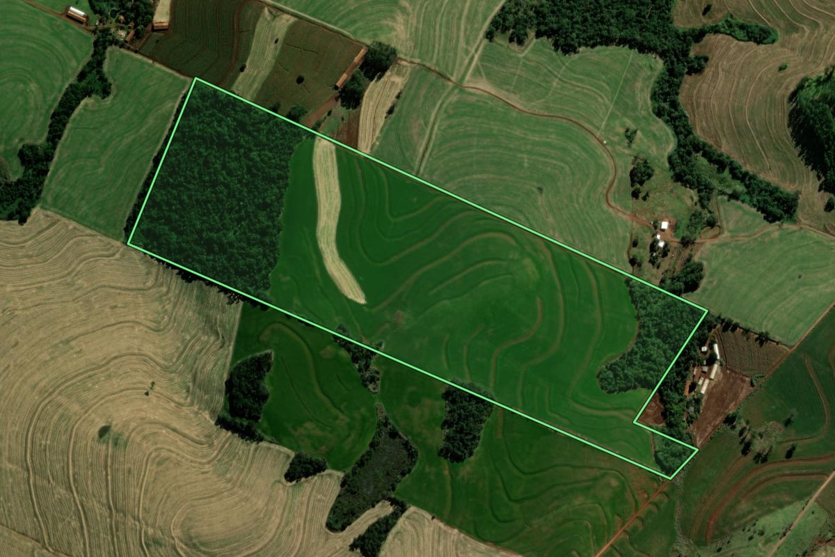 Imagem de satélite do imóvel rural em Braganey (PR), com o contorno declarado no CAR desenhado por cima.