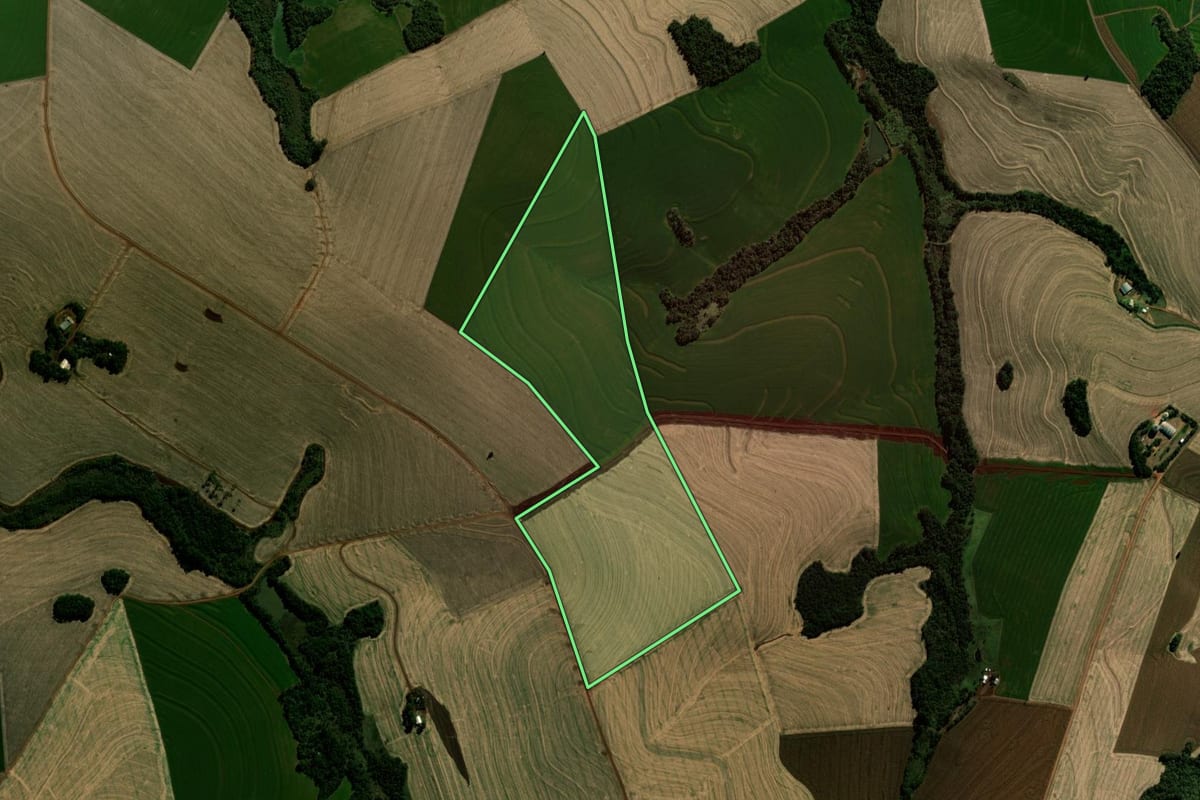 Imagem de satélite do imóvel rural em Braganey (PR), com o contorno declarado no CAR desenhado por cima.