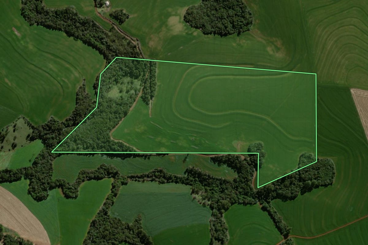Imagem de satélite do imóvel rural em Braganey (PR), com o contorno declarado no CAR desenhado por cima.