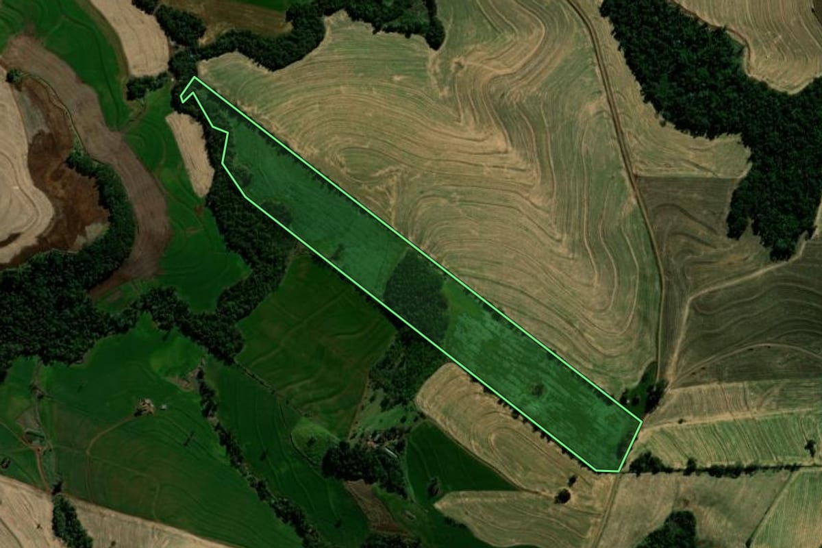 Imagem de satélite do imóvel rural em Braganey (PR), com o contorno declarado no CAR desenhado por cima.