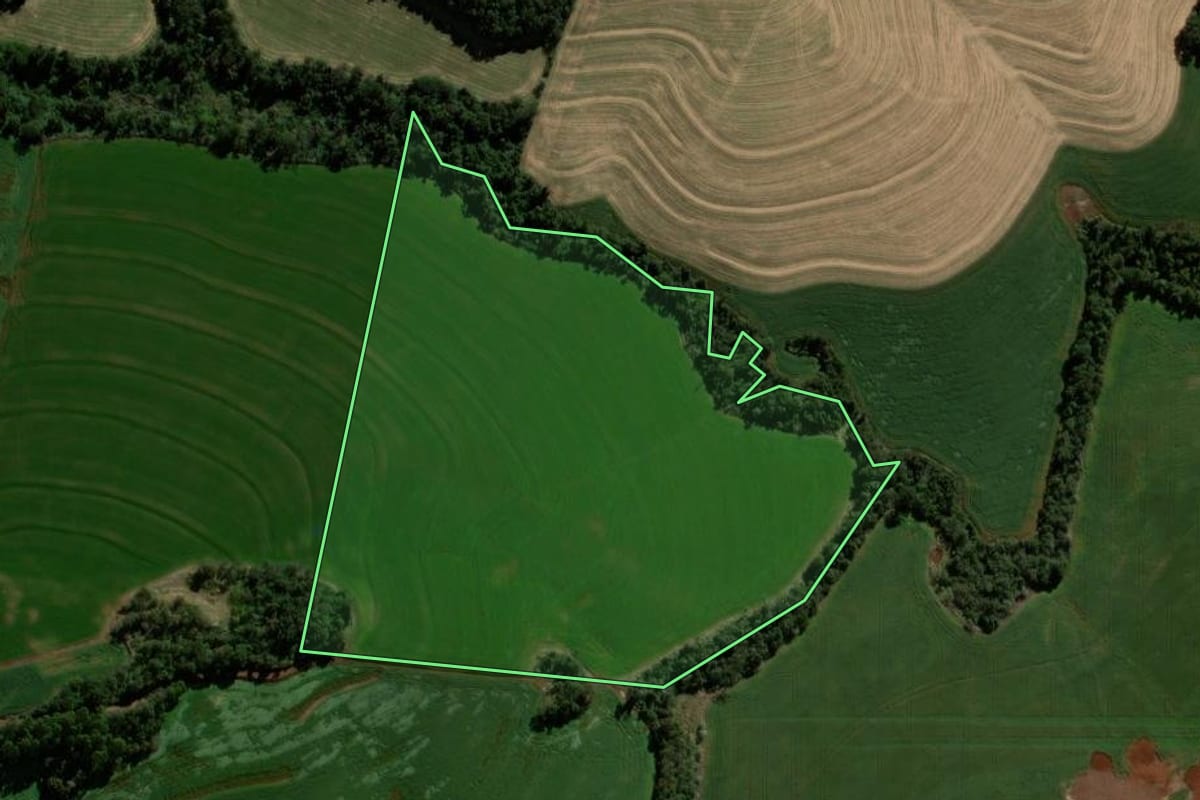 Imagem de satélite do imóvel rural em Braganey (PR), com o contorno declarado no CAR desenhado por cima.