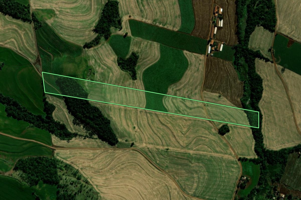 Imagem de satélite do imóvel rural em Braganey (PR), com o contorno declarado no CAR desenhado por cima.