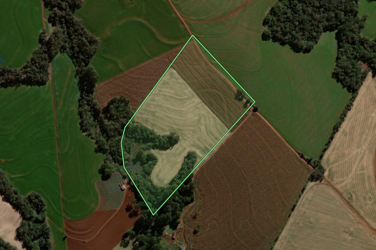 Imagem de satélite do imóvel rural em Braganey (PR), com o contorno declarado no CAR desenhado por cima.