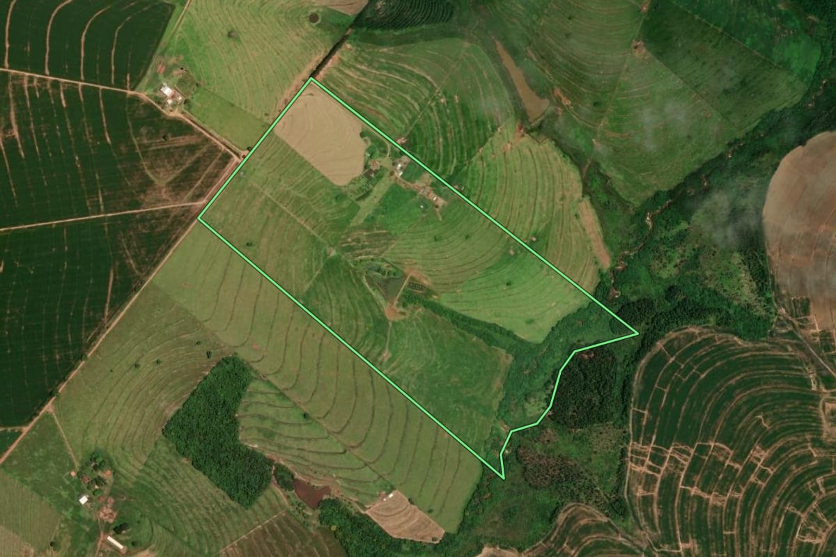 Imagem de satélite do imóvel rural em Brasilândia do Sul (PR), com o contorno declarado no CAR desenhado por cima.