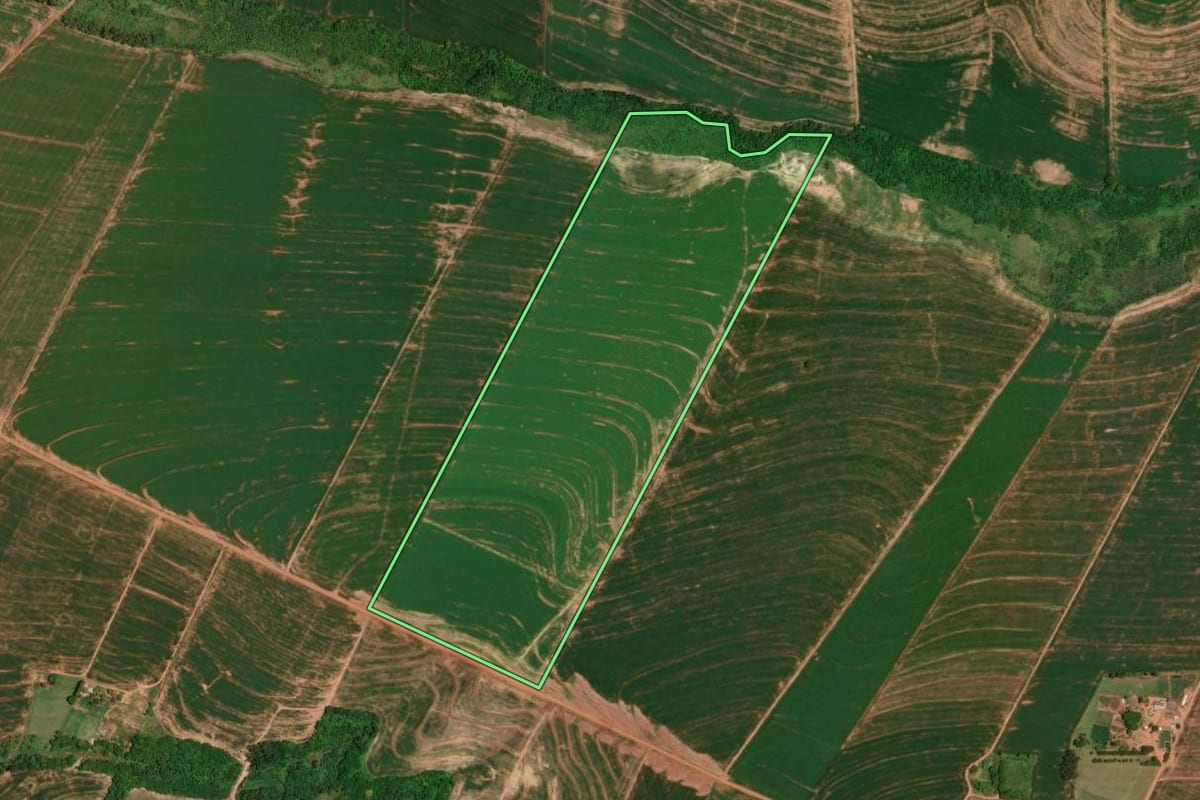 Imagem de satélite do imóvel rural em Brasilândia do Sul (PR), com o contorno declarado no CAR desenhado por cima.