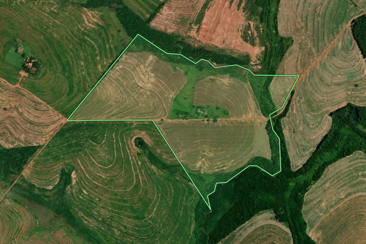 Imagem de satélite do imóvel rural em Brasilândia do Sul (PR), com o contorno declarado no CAR desenhado por cima.