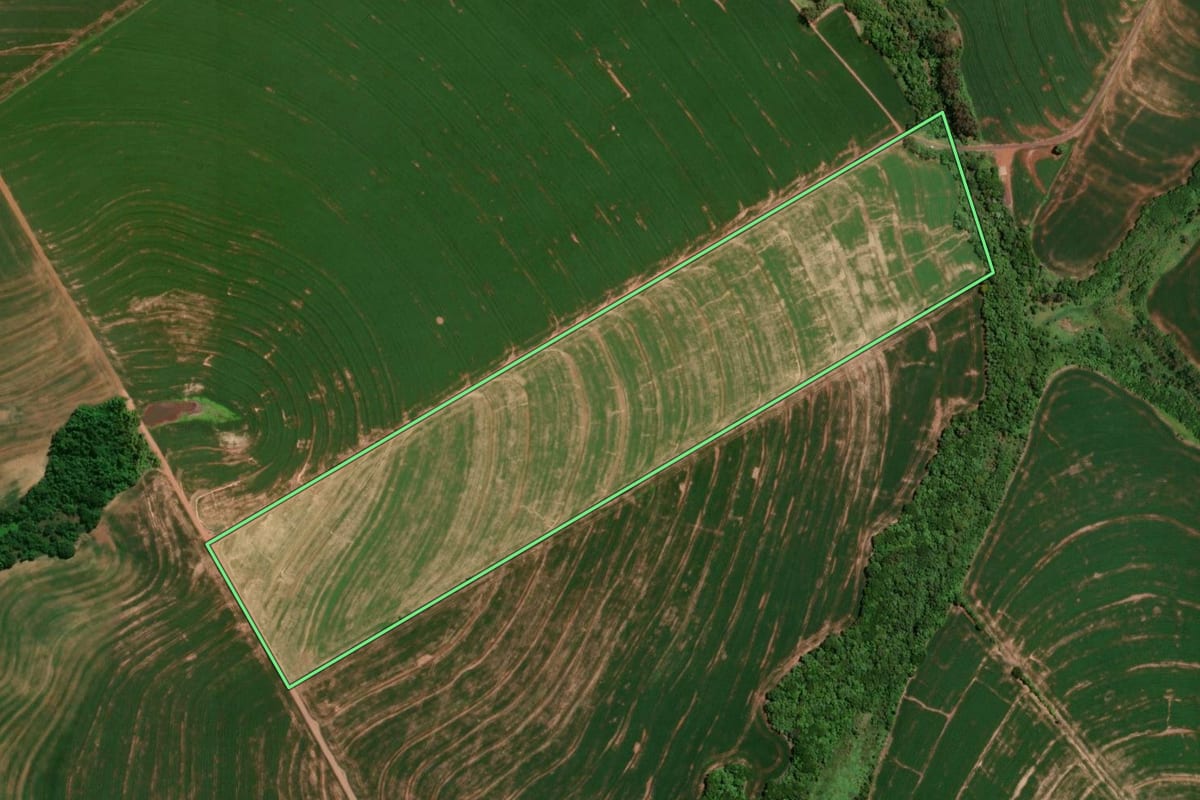 Imagem de satélite do imóvel rural em Brasilândia do Sul (PR), com o contorno declarado no CAR desenhado por cima.