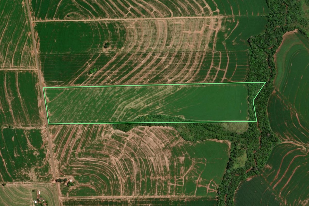 Imagem de satélite do imóvel rural em Brasilândia do Sul (PR), com o contorno declarado no CAR desenhado por cima.