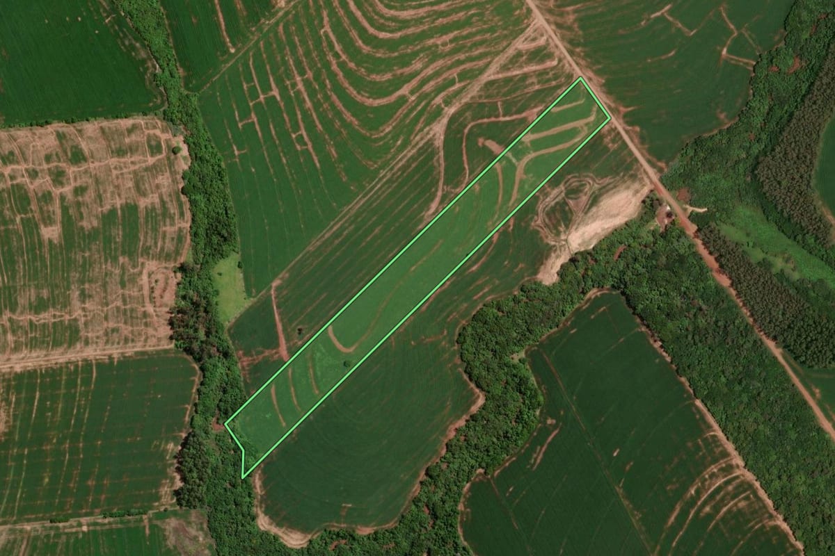 Imagem de satélite do imóvel rural em Brasilândia do Sul (PR), com o contorno declarado no CAR desenhado por cima.
