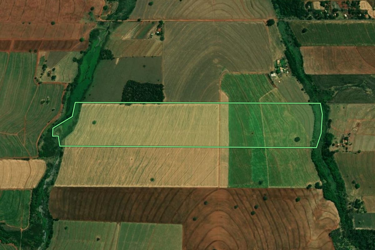 Imagem de satélite do imóvel rural em Cafeara (PR), com o contorno declarado no CAR desenhado por cima.