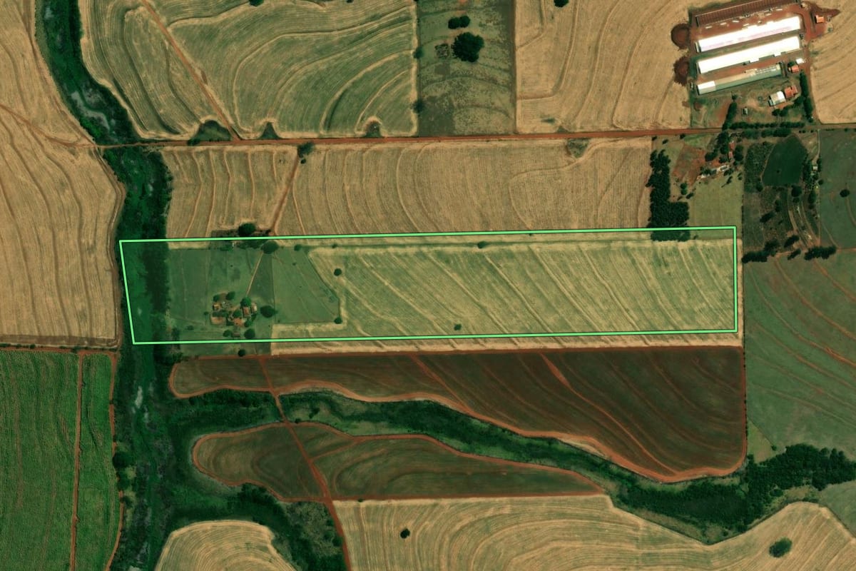 Imagem de satélite do imóvel rural em Cafeara (PR), com o contorno declarado no CAR desenhado por cima.