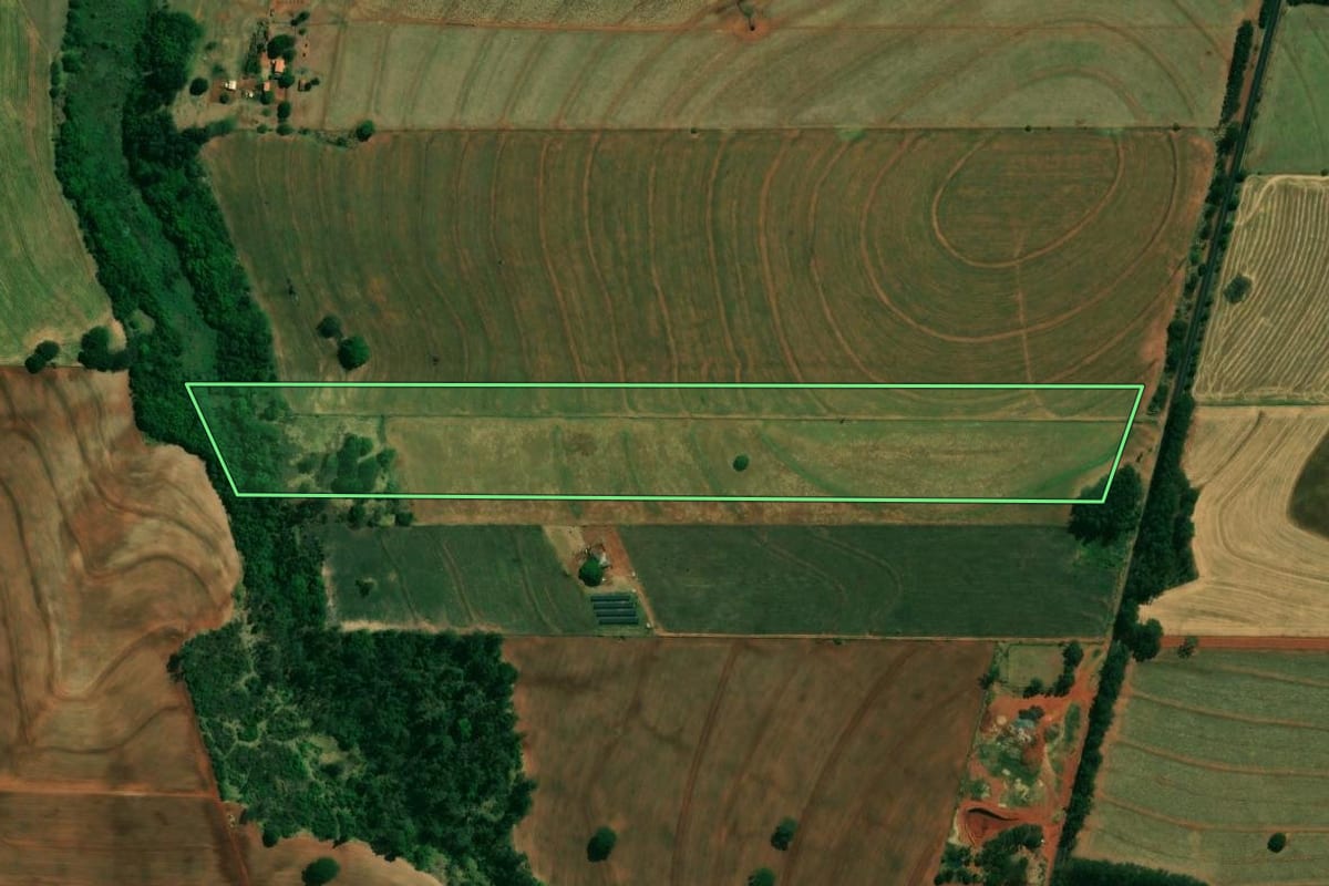 Imagem de satélite do imóvel rural em Cafeara (PR), com o contorno declarado no CAR desenhado por cima.