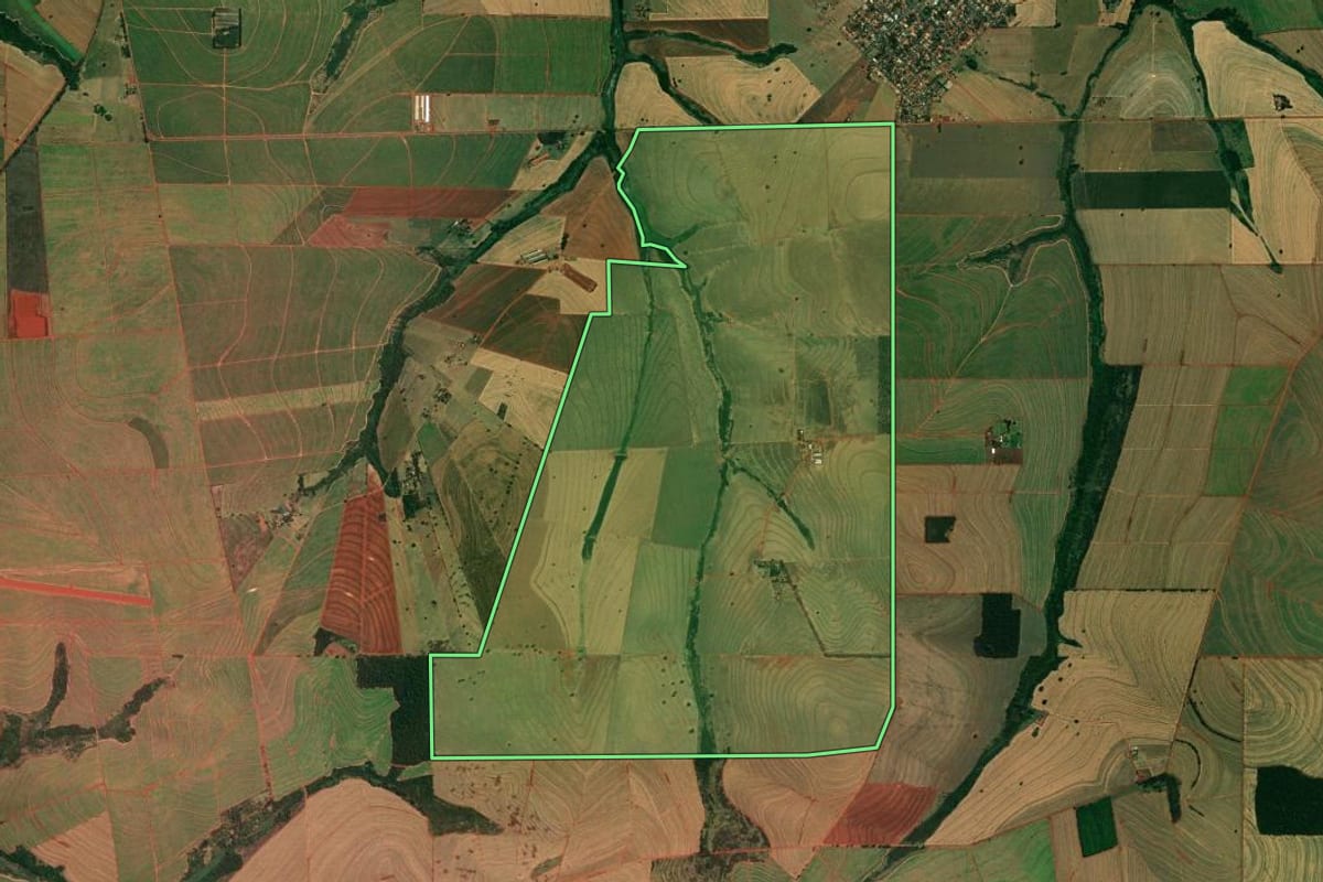 Imagem de satélite do imóvel rural em Cafeara (PR), com o contorno declarado no CAR desenhado por cima.