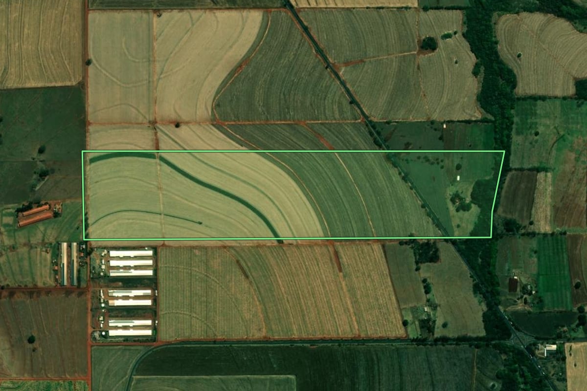 Imagem de satélite do imóvel rural em Cafeara (PR), com o contorno declarado no CAR desenhado por cima.